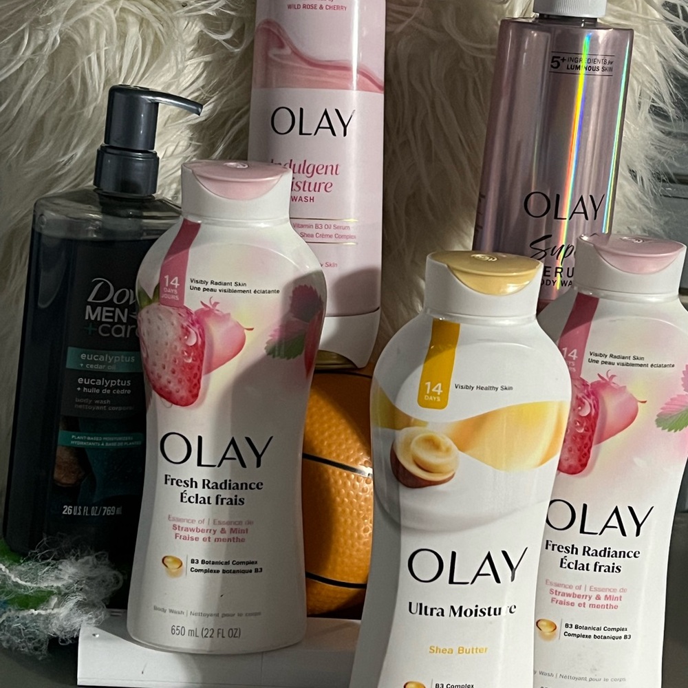 OLAY Skincare Collection with Pink and White Bottles